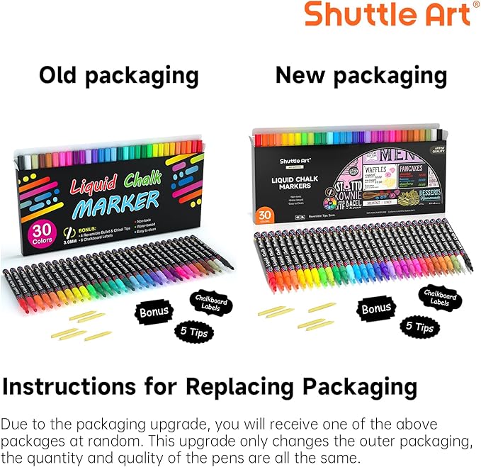 Shuttle Art Chalk Markers, 30 Vibrant Colors Liquid Chalk Markers Pens for Chalkboards, Windows, Glass, Cars, Erasable, 3mm Reversible Fine Tip with Chalkboard Labels for Office Home Supplies