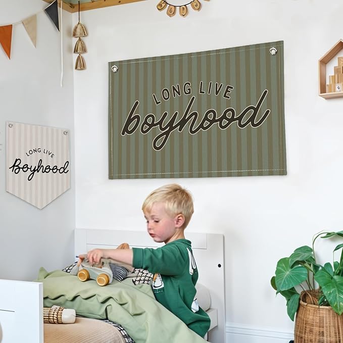 Lacama Green Long Live Boyhood Boys Room Decor, Boy Nursery Decor, Canvas Banner Wall Hanging Banner Flag Decor for Nursery Playroom Toddler Room, Boys Kids Rooms Decor, 30x20 Inch