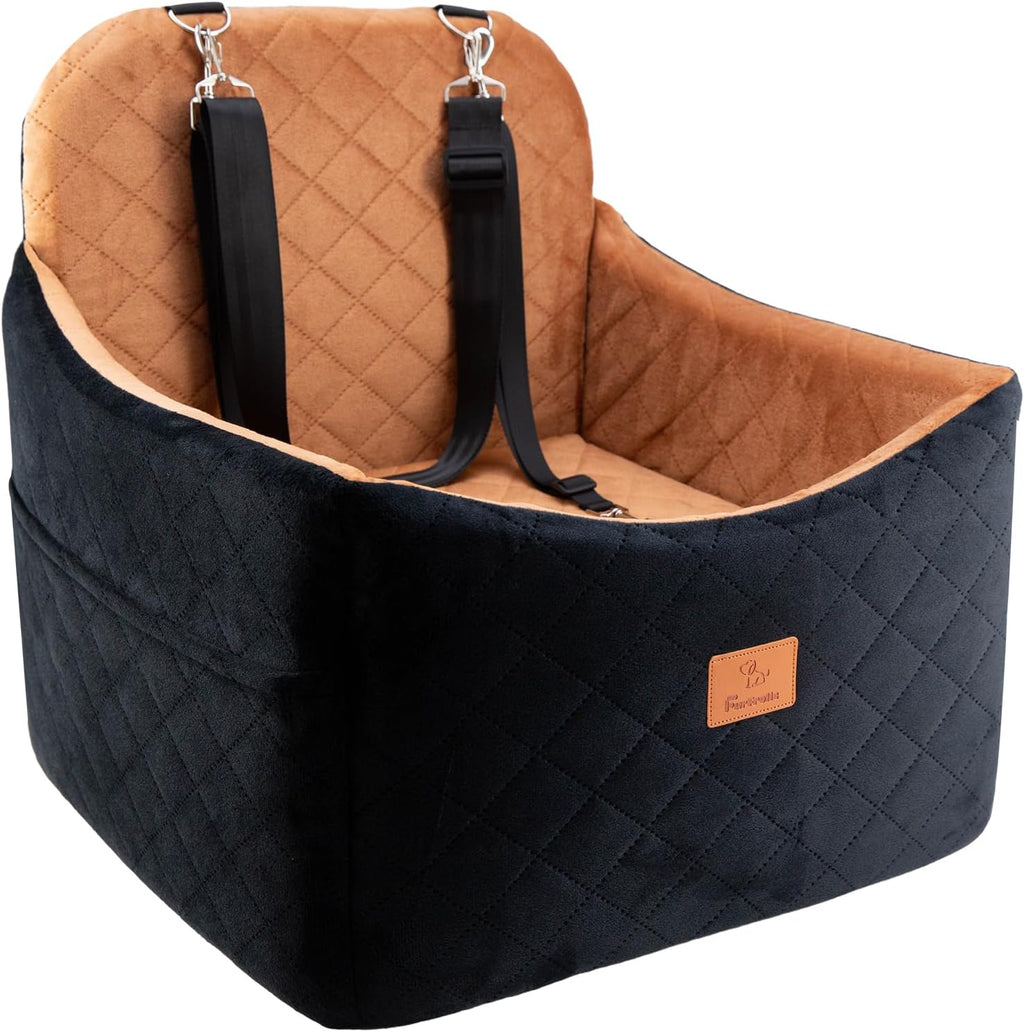 Dog Car Seats for Small/Medium Dogs, FurFrolic Memory Foam Dog Booster Seat for Small Dogs up to 35 lbs, Travel Pet Car Seat with Washable Detachable Cover, Storage Pockets, 2 Safety Belt, Black Brown