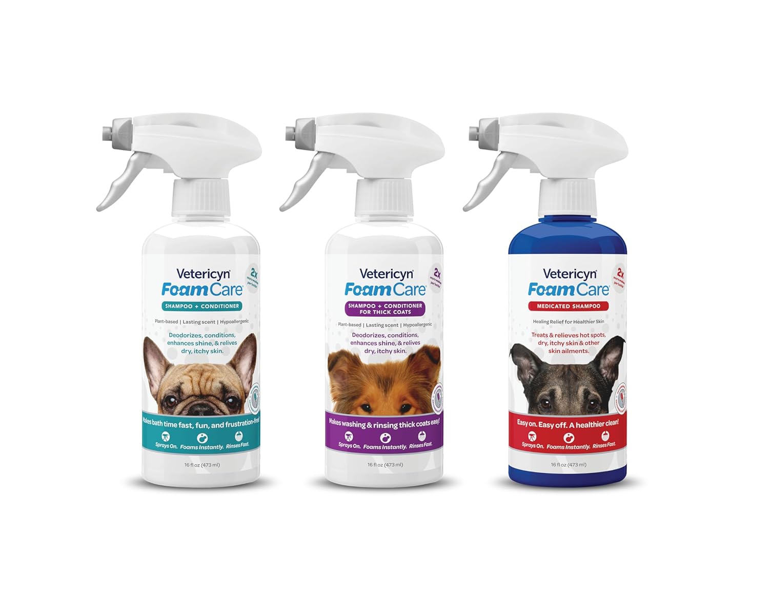 Vetericyn FoamCare Dog Shampoo and Conditioner - Instant Foaming, Spray-On Hypoallergenic Shampoo for Thick Coats, Plant-Based Formula for Dogs and Cats. 16 Ounce