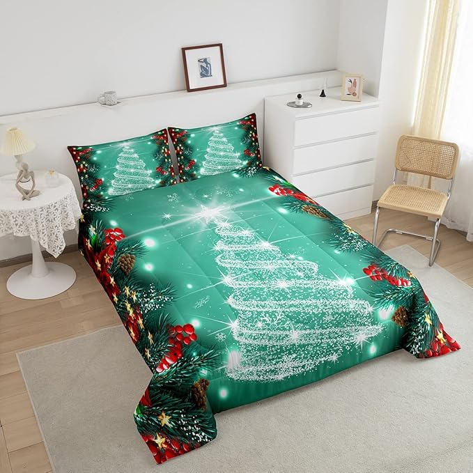 Feelyou Merry Christmas King Size Comforter Set Kids Santa Tree Glitter Bedding Comforter for Boys Girls Xmas Christmas Bell Decor,1 Comforter + 2 Pillow Cases