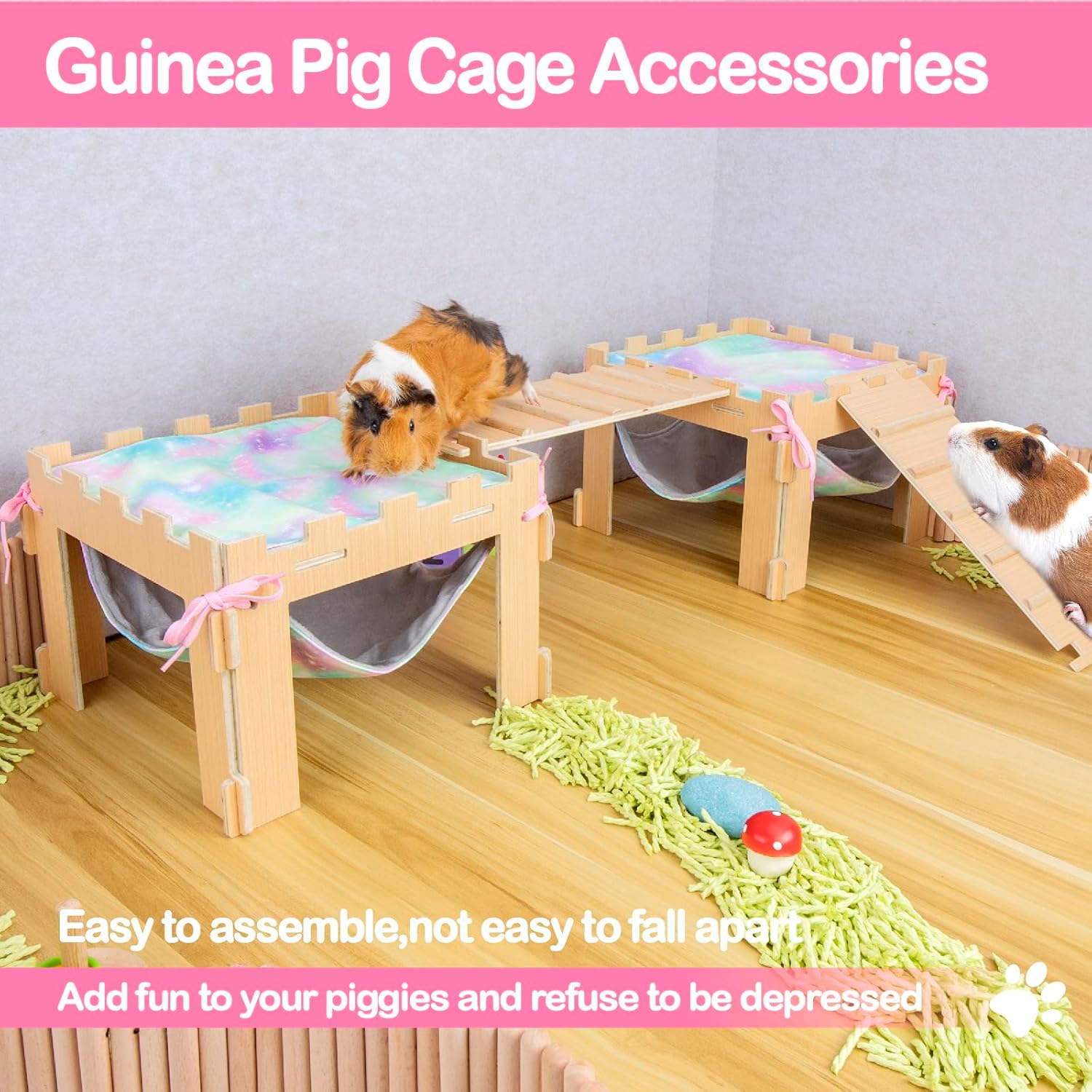 Guinea Pig Hammock with Platform and Ramps,Wooden Small Animal Hideout with Waterproof Coating Mat Hammock,Guinea Pig Cages Accessories Toys Hiding Playing,Easy to Clean(Double)