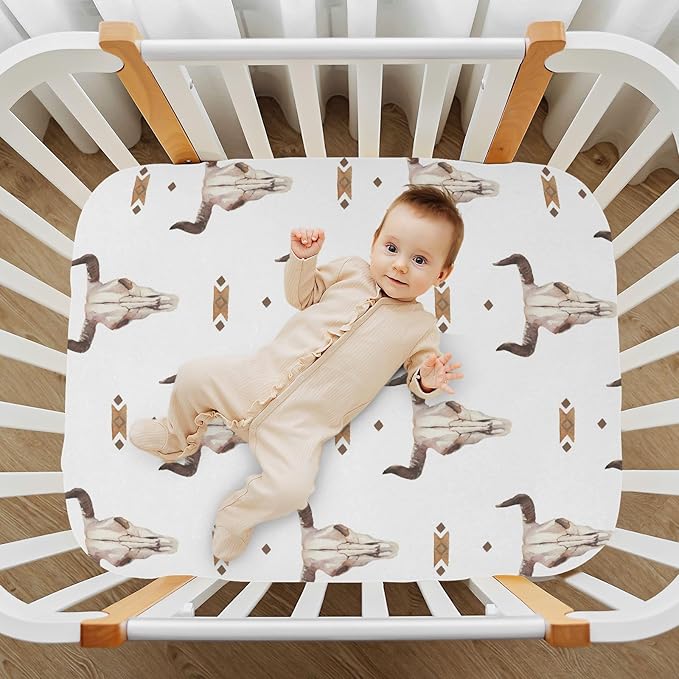 Western Bull Skull Crib Sheets Soft Breathable Fitted Baby Crib Sheets Mattress Cover for Girl Boys, 52" x 28" x 9"