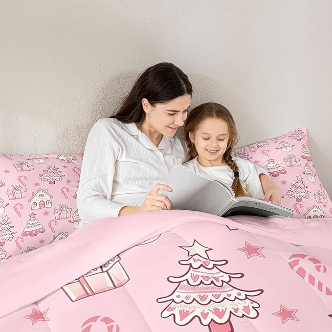 Feelyou Pink Christmas Comforter Set Toddler Size Xmas Tree Snowman Bedding Set for Kids Boys Girls Star Gift Duvet Quilt Candy Cane Bedroom Decor Microfiber 2 Pcs with 1 Pillow Cases