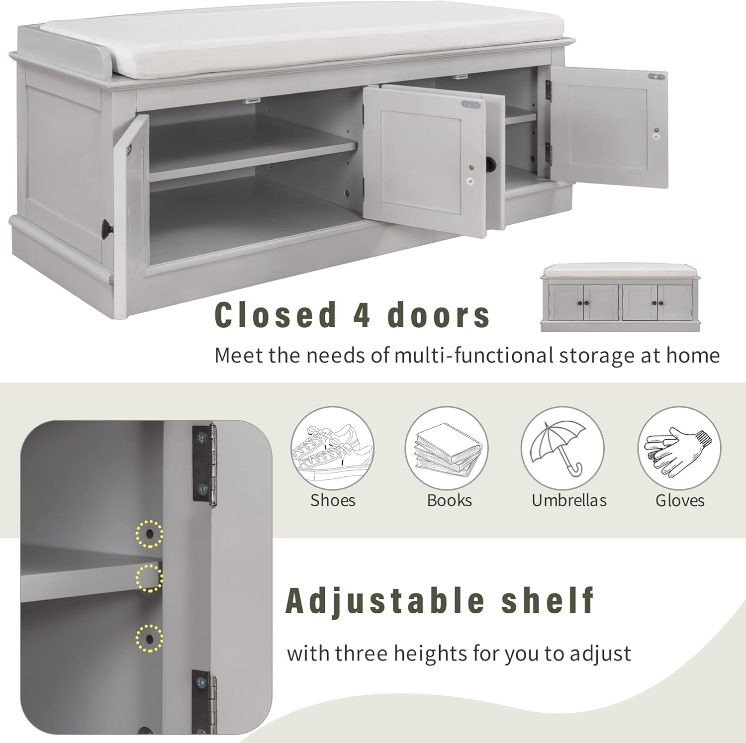 Storage Bench with 4 Doors and Adjustable Shelves, Shoe Bench with Removable Cushion for Living Room, Entryway 42.7" L x 16" W x 17.4" H (Gray Wash)
