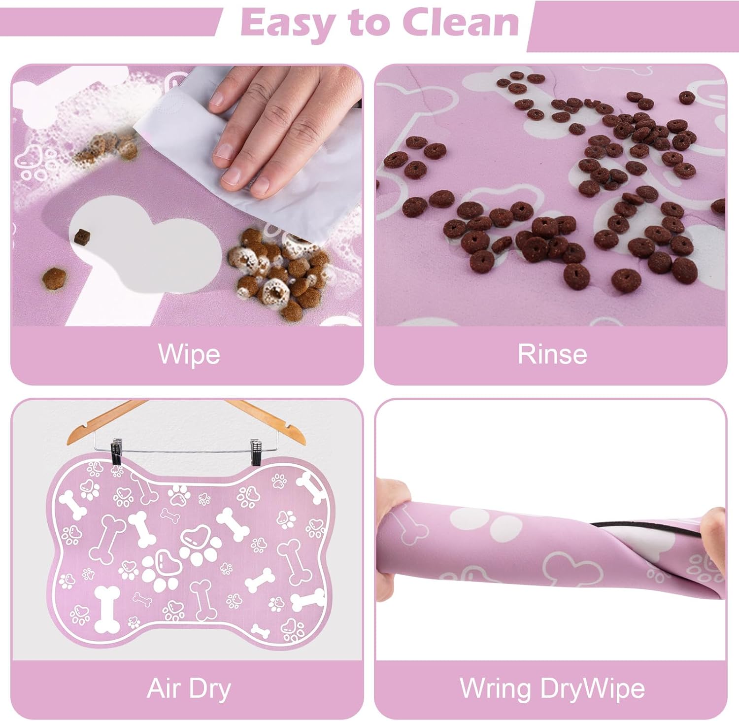 Dog Cat Mat for Food and Water,Rapid Absorbent Pet Feeding Mat, Bone Shaped Dog Placemat Bowl Mat with Rubber Backing,No Stains Pet Food Mats Indoor, Pet Accessories Supplies,Pink 16"×24"