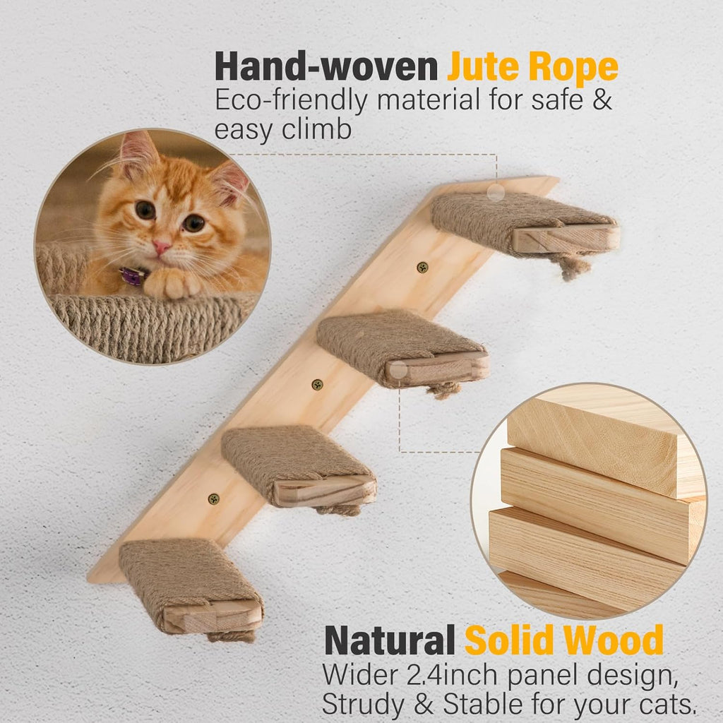4-Step Cat Wall Shelves and Stairs With Sisal Rope - Improved & Stronger Tree Supplies, Large, Brownish White