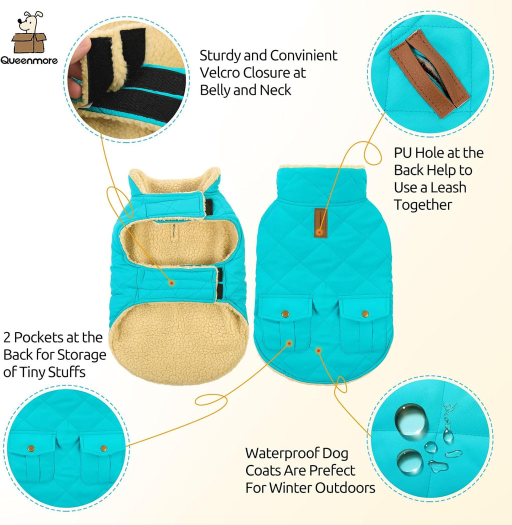 Queenmore Warm Dog Coat, Cold Weather Puffer Dog Coat Vest, Quilting Winter Pet Jacket Ultra Thick Plush Fleece Lining Pet Clothes for Dogs with Storage Pockets (Light Blue, Medium)