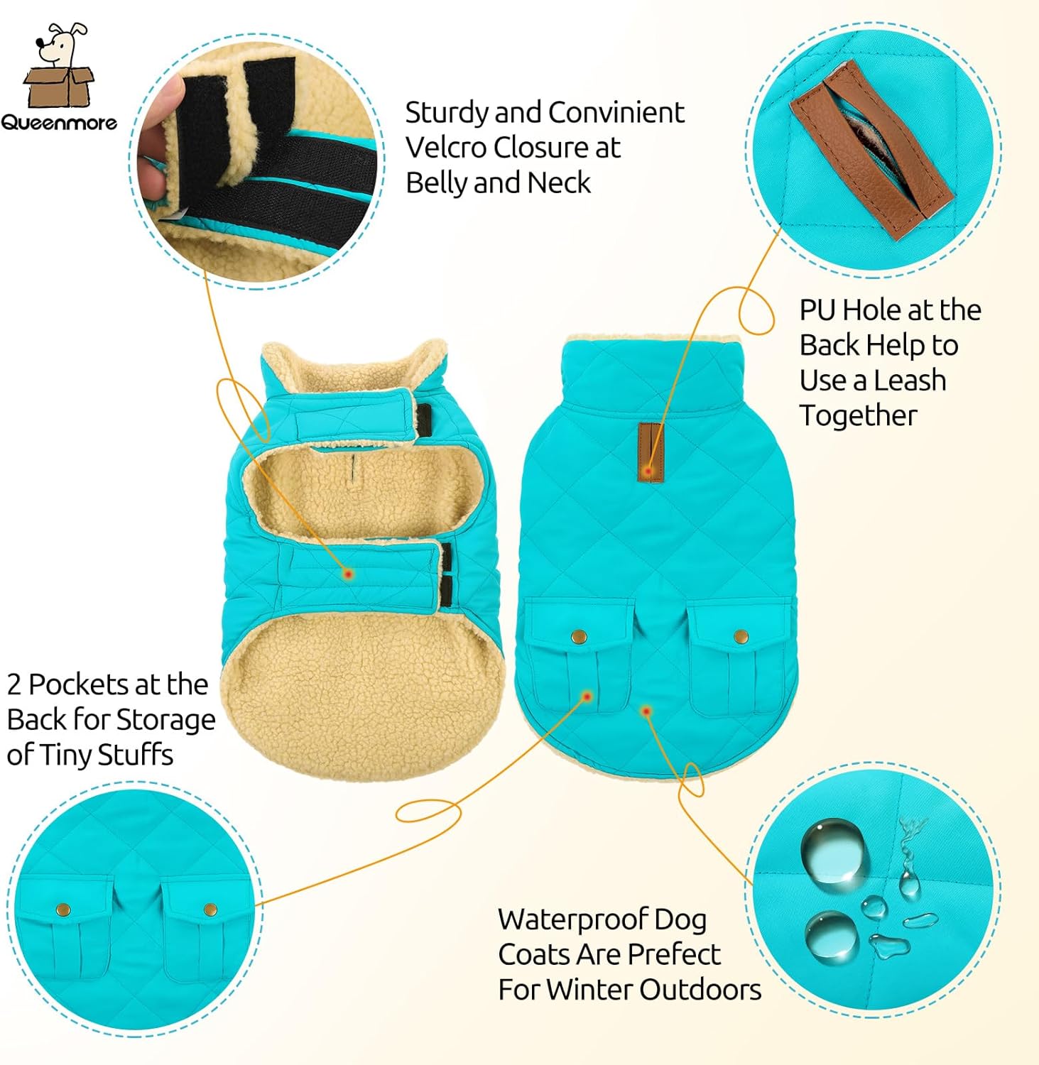 Queenmore Warm Dog Coat, Cold Weather Puffer Dog Coat Vest, Quilting Winter Pet Jacket Ultra Thick Plush Fleece Lining Pet Clothes for Dogs with Storage Pockets (Light Blue, Medium)