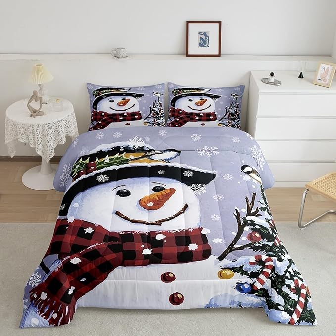 Feelyou Kids Christmas Theme Decorations Bedding Set Xmas Snowman Comforter Set for Boys Girls Merry Christmas Funny Cute Decor Bedroom Collection 3Pcs Queen Size