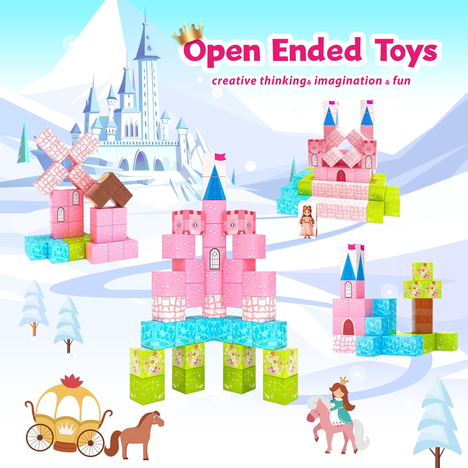 64 Pcs Magnetic Blocks-Princess Castle Collection World,Magnetic Building Blocks for 3+ Year Old Boys & Girls, Creative STEM Sensory Toys,Christmas Birthday Gifts for Kids Ages 3-8