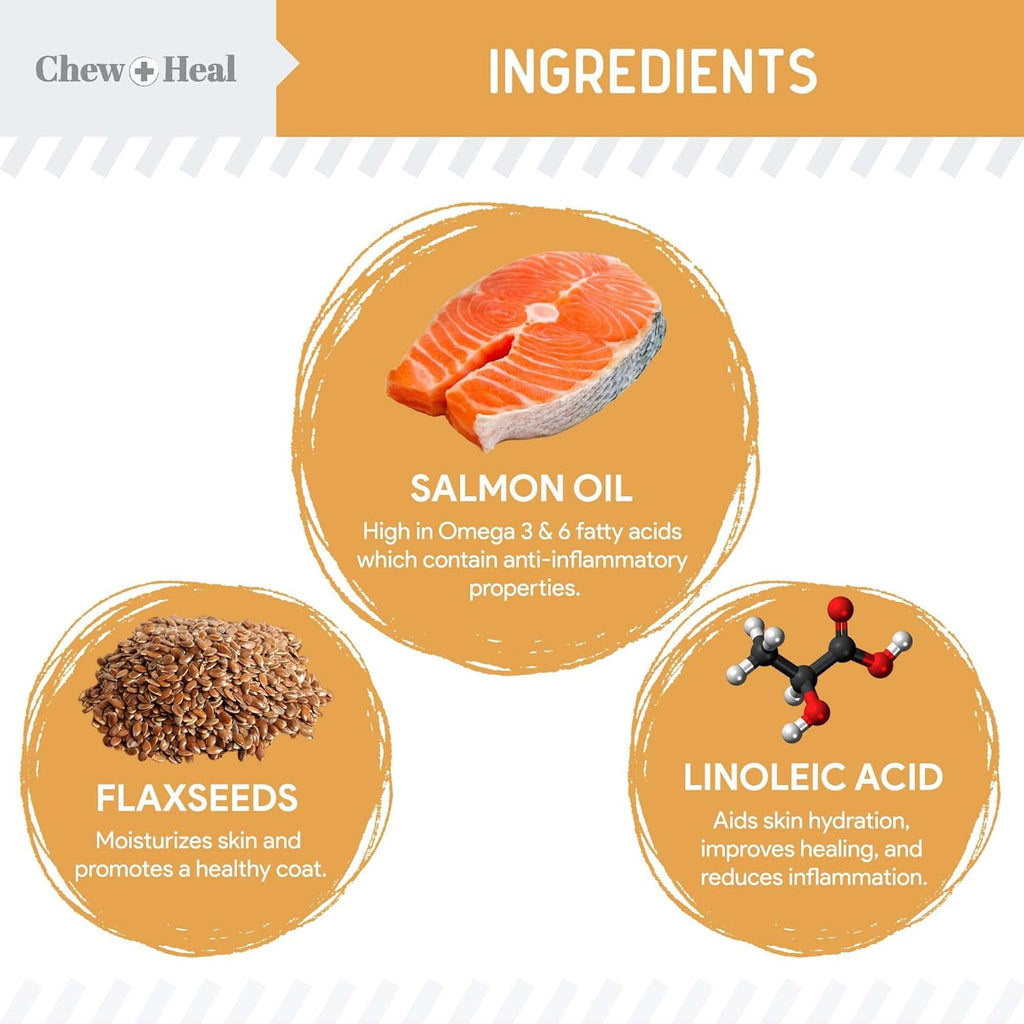 Salmon Oil for Dogs - 180 Soft Chew Omega Treats for Skin and Coat - Fish Oil Blend of Essential Fatty Acids, Omega 3 and 6, Vitamins, Antioxidants and Minerals - Made in USA