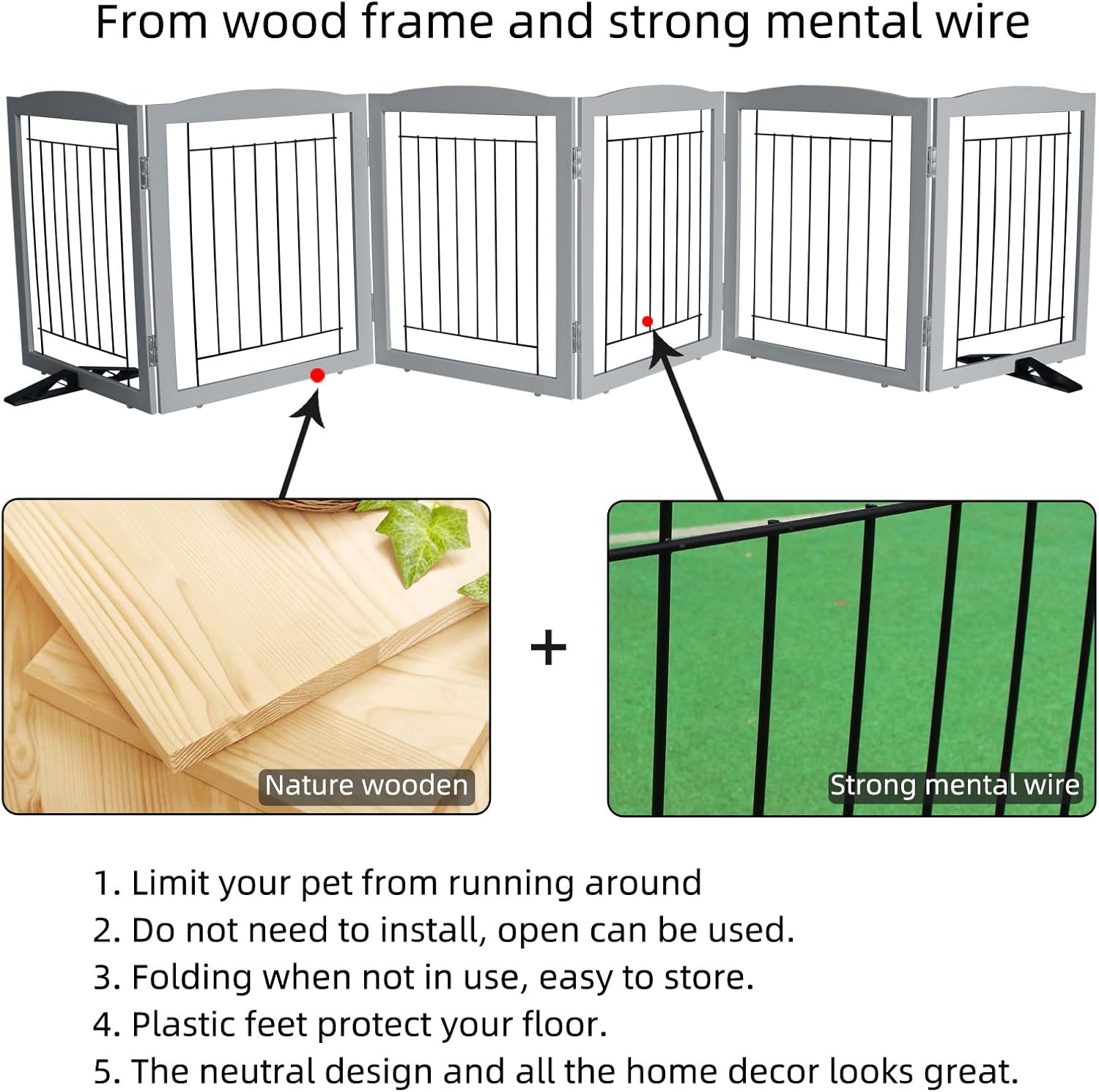 ZJSF Freestanding Dog Fence Indoor, Foldable Dog Gate for Doorways, Stairs or Hallways, Sturdy Wood Extra Wide Pet Gate with Support Feet for The House, Grey, 24 "Height-6 Panels