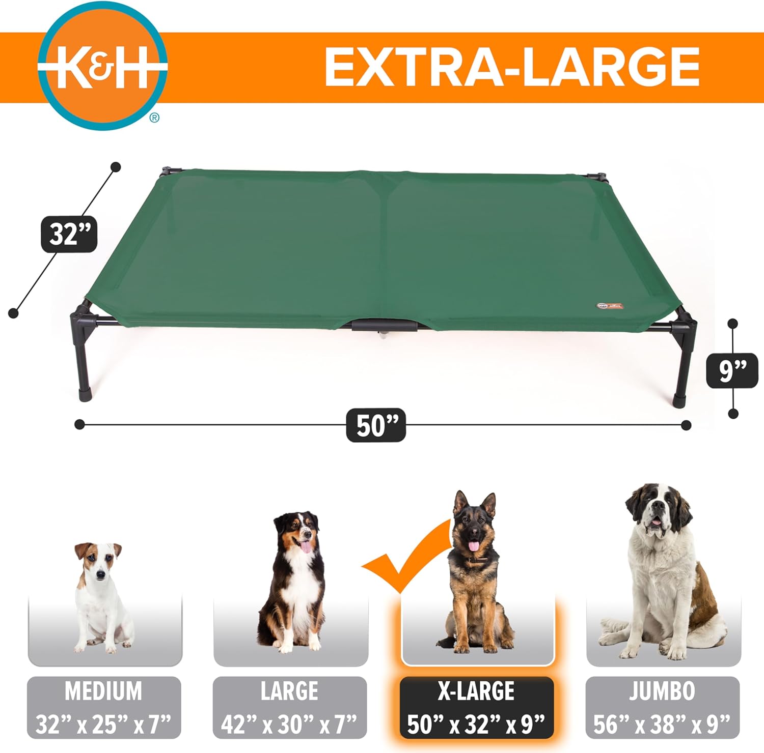 K&H Pet Products Outdoor Elevated Dog Cot, Cooling Raised Bed with Waterproof Breathable Mesh for Large Dogs, Portable Pet Bed with Heavy-Duty Metal Frame, Oversized Hammock Style - Extra-Large Green
