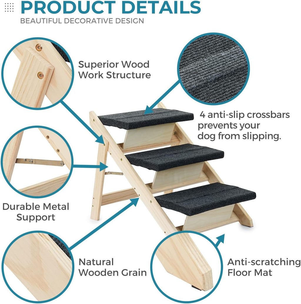 Wood Pet Stairs/Pet Steps for All Dogs and Cats - 2-in-1 Foldable Carpeted 3 Tiers Dog Stairs & Ramp Perfect for Beds and Cars - Portable Dog/Cat Ladder Up to 120 Pounds
