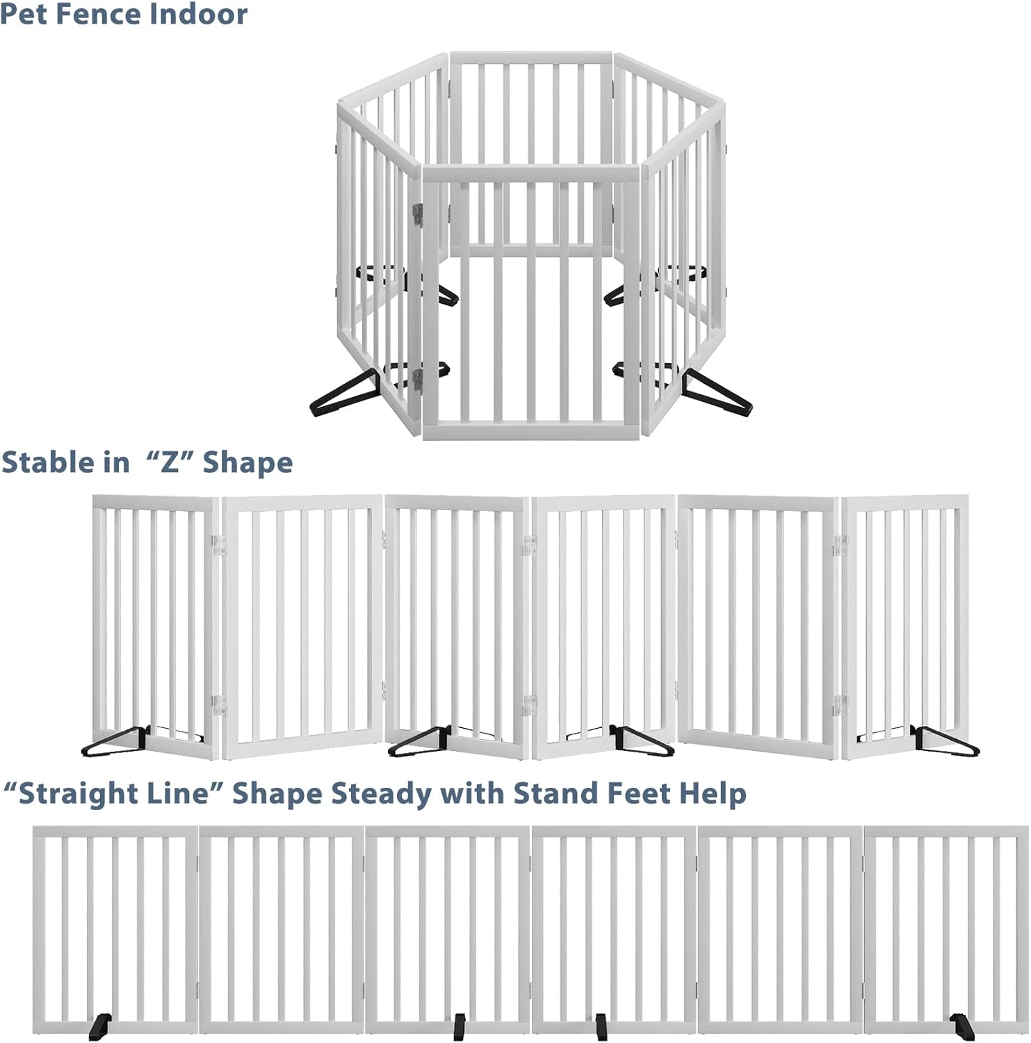 Dog Gates for Doorways Extra Wide 110inches (9ft), Wooden Freestanding Pet Gates for Dogs with 4 Support Stands, Foldable Gates for Dogs Indoor