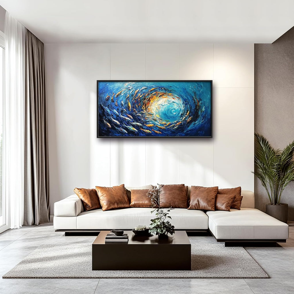 Extra Large Framed Abstract Ocean Fish Wall Art,Oversized Blue Sea Nautical Fish Wall Decor Pictures for Living Room,Canvas Print Painting Modern Artwork Bedroom Office Bathroom Home Decor 60L x30W