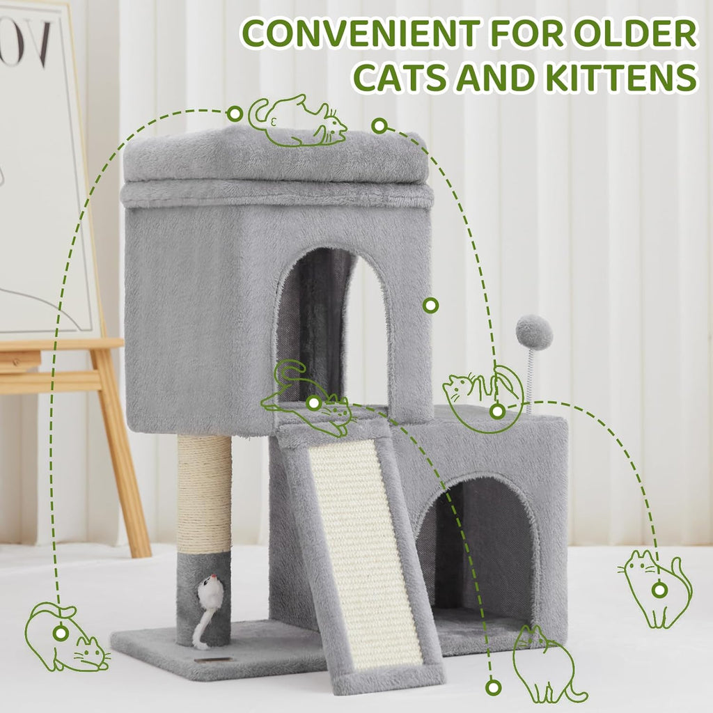 24inch Tall cat Tree with 2 cat condo and Mouse Toy Cozy Small cat Tower with Scratching Post and Board for Kitties and Small Cats.（Light Grey）