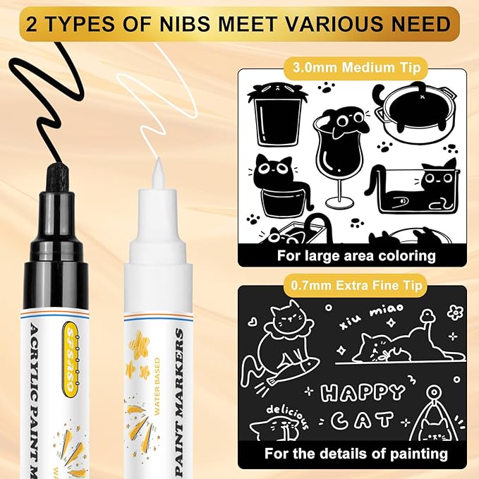 Acrylic Paint Marker Pens - 4 Pack Dual Tip Permanent Markers (0.7mm & 3mm) Water-Based Ink Pens for Rock Painting, Canvas, Ceramic, Glass, Wood, Plastic, DIY Crafts (Black/White/Gold/Silver)