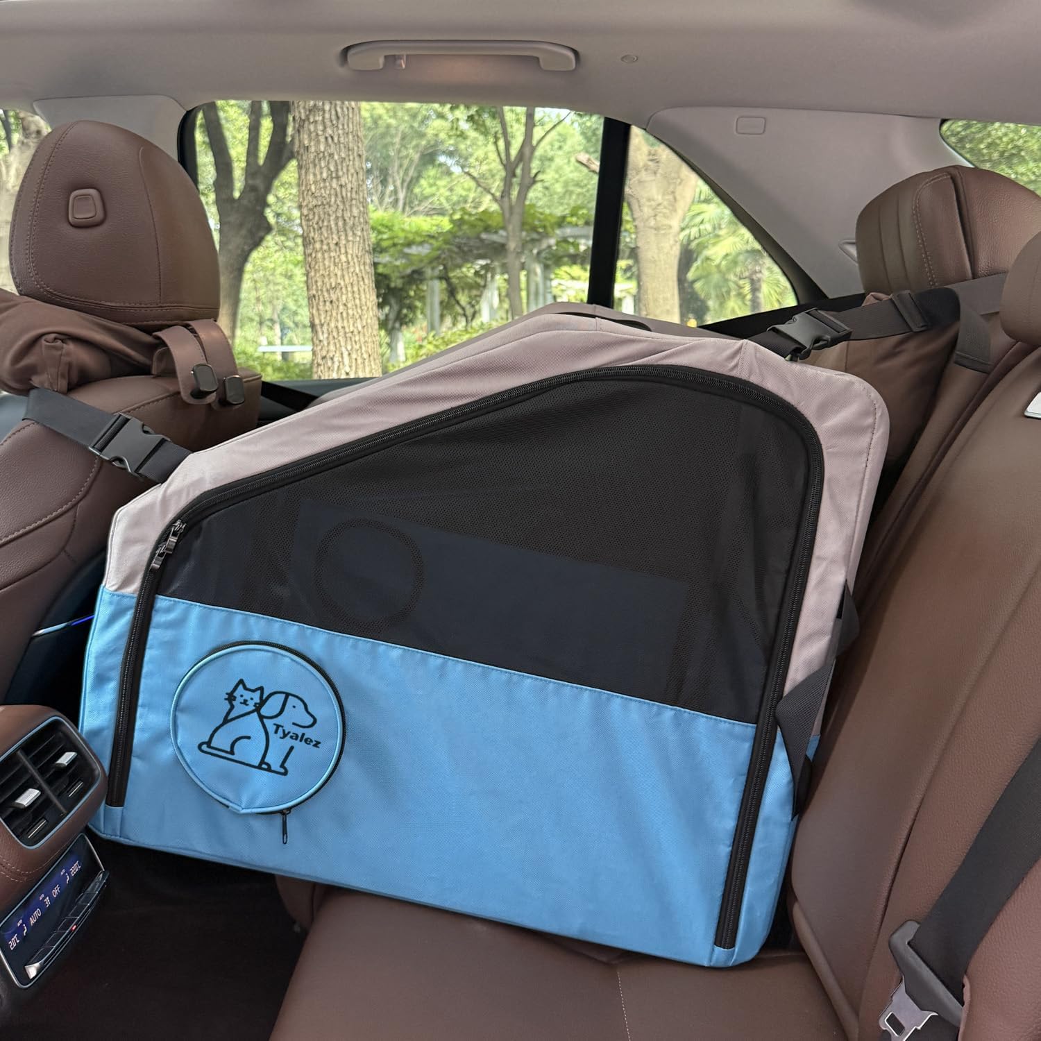 Large Portable Pet Crate for Car Travel, 24"x22"x25" Foldable Dog & Cat Carrier with Secures Seatbelt & Headrest Strap, Oxford Soft-Sided Pet Kennel with Removable Bed for Medium & Large Pets