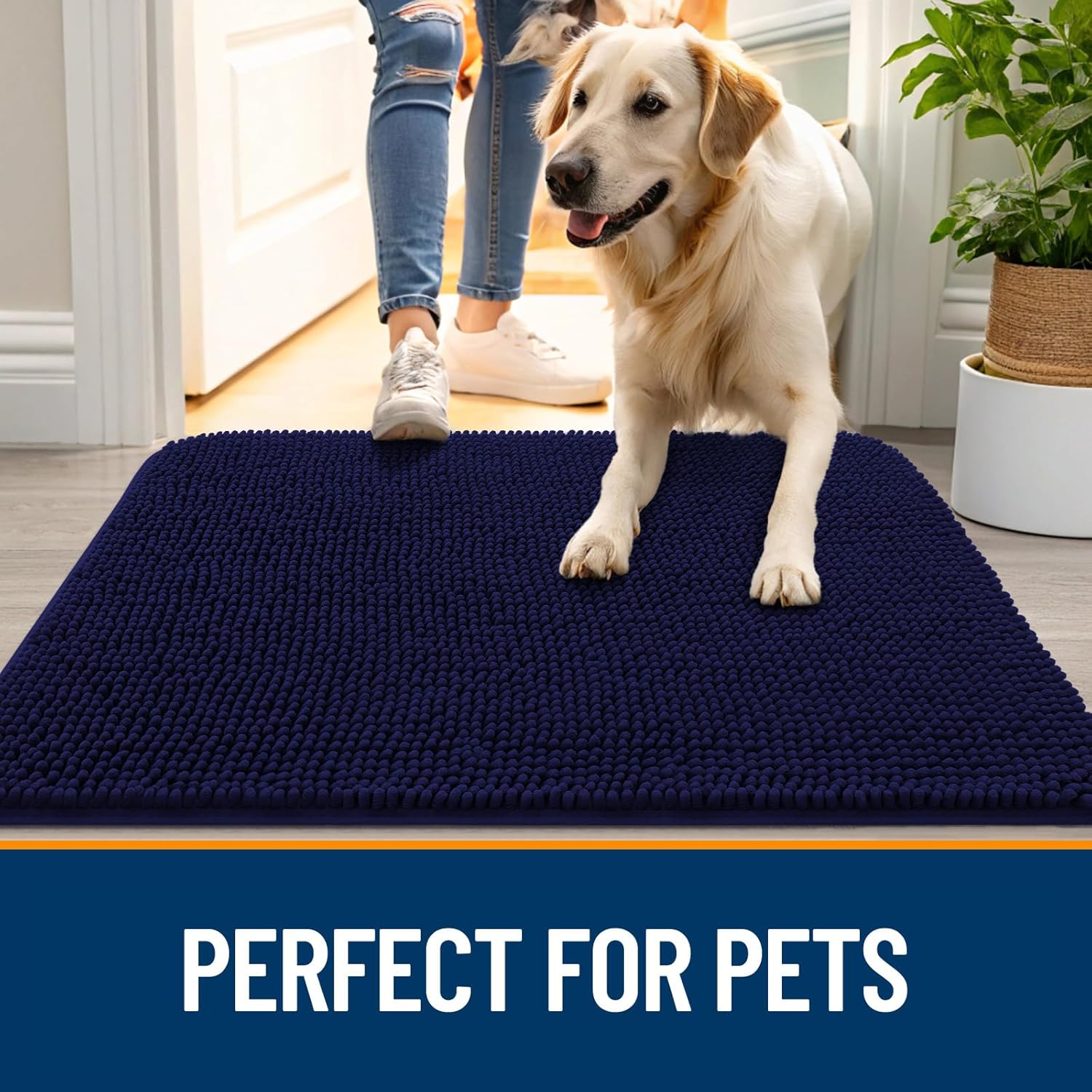 OLANLY Dog Door Mat for Muddy Paws 24x16, Absorbs Moisture and Dirt, Absorbent Non-Slip Washable Doormat, Quick Dry Chenille Mud Mat for Dogs, Entry Indoor Entryway Carpet for Inside Floor, Navy Blue