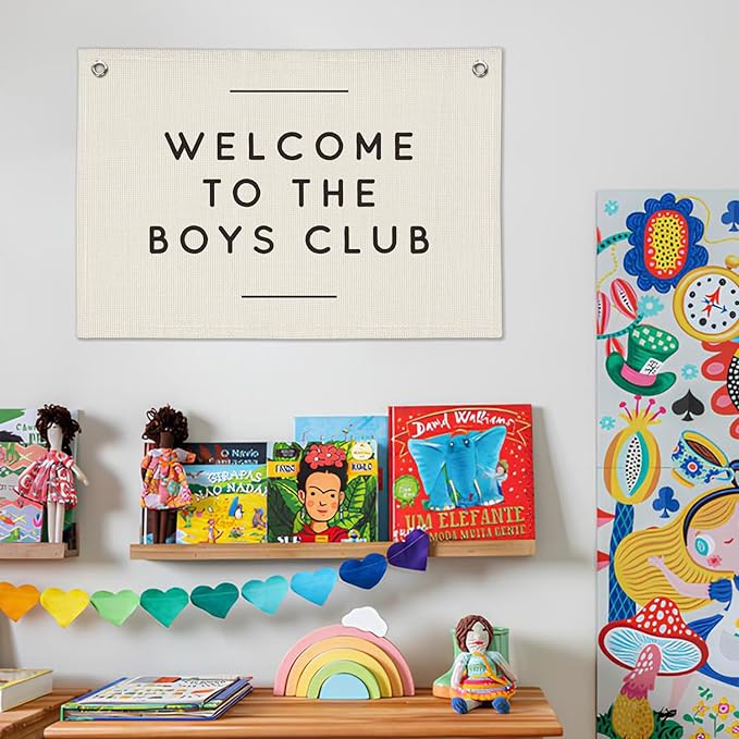 Boys Club Banner, Boys Playroom Kids Room Decor, Playroom Essentials, Linen Banner Kids Tapestry Wall Hanging Flag Decor for Toddler Boy Nursery