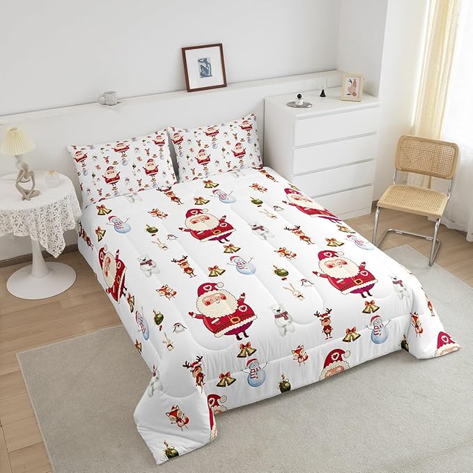 Feelyou Christmas Comforter Set Cute Snowman Santa Claus Kids Decorations Bedding Set Boys Girls Bear Rabbit Comforter Christmas Bells Design White Quilt with 2 Pillowcases 3Pcs Bedding King