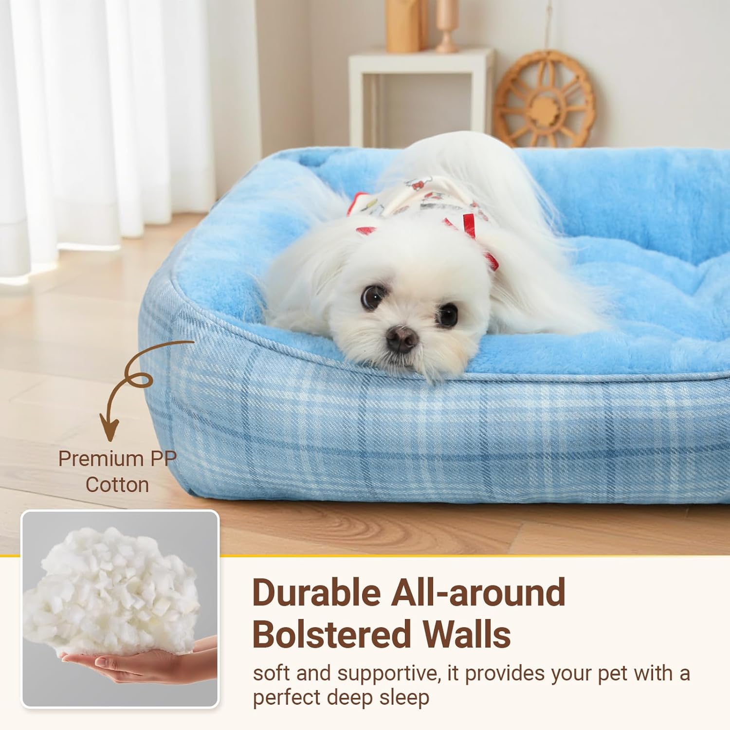 MIHIKK Rectangle Dog Beds for Small Medium Dogs & Cats, Orthopedic Sleeping Pet Bed for Couch with Durable Puppy Cuddler and Anti-Slip Bottom Machine Washable 25 * 21 Inch (Blue)
