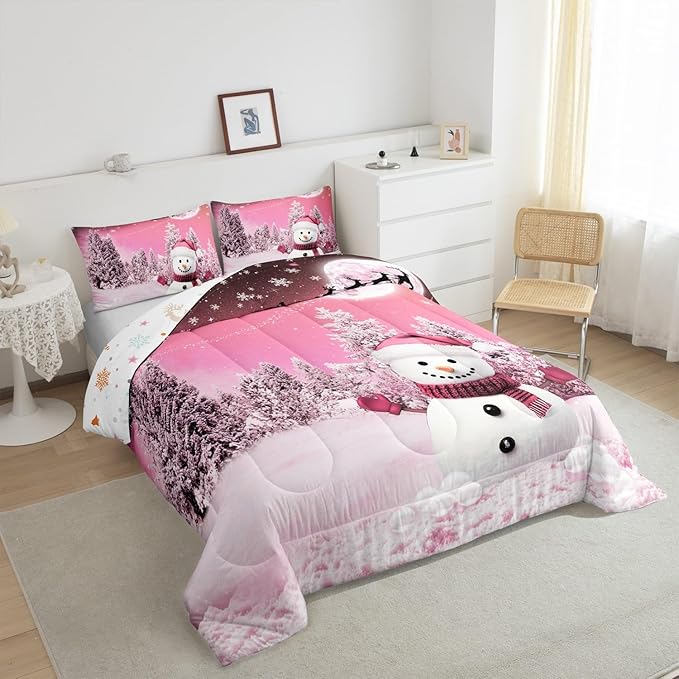 Feelyou Kids Merry Christmas Decorations Full Size Comforter Set Xmas Snowman Bedding Set Girly Pink Quilt Set Soft Warm Lightweight Duvet Set