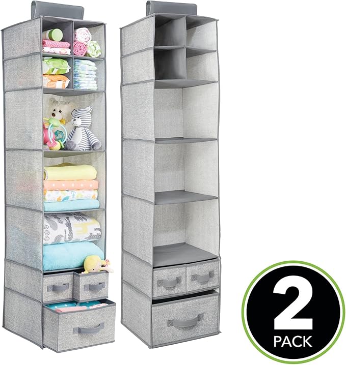 mDesign Fabric Hanging Organizer - Closet Rod Storage - 7 Shelves/3 Drawers for Baby Nursery Bedroom Organization - Hold Clothes, Linens, Toys, Accessories - Lido Collection - 2 Pack - Gray