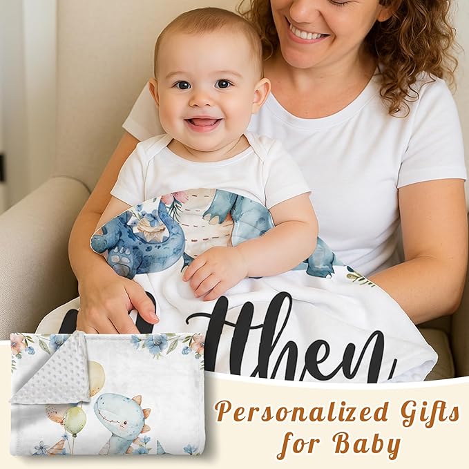 Personalized Baby Name Blanket for Boy Girl, Soft Flannel Blanket with Double Layer Dotted Backing for Infant Newborn, Nursery Crib with Dinosaur Design, Customized Gifts for New Mom(30”x40)