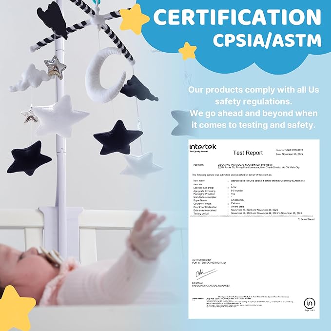 Starry Night Mobile - Cloud and Star Mobile with 12 Piano Lullabies - Black and White Baby Crib Mobile for Boys & Girls