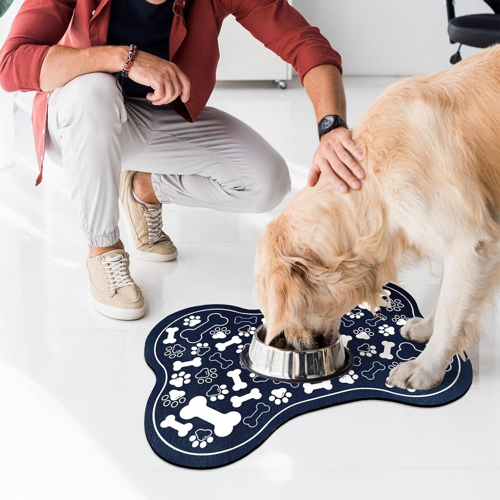 Dog & Cat Food Mat Bone Shaped Pet Feeding Mat Quick Absorb Water Bowl Placemat with Rubber Backing Indoor Floor Stain Resistant Pet Accessory Supplies (Blue, 17x29 Inches)