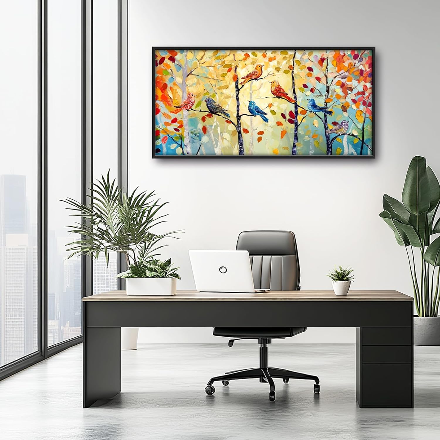 Extra Large Framed Abstract Bird Forest Wall Art,Colorful Birds Birch Tree Wall Decor Pictures for Living Room,Canvas Print Painting Modern Artwork Bedroom Office Bathroom Home Decor 60L x 30W