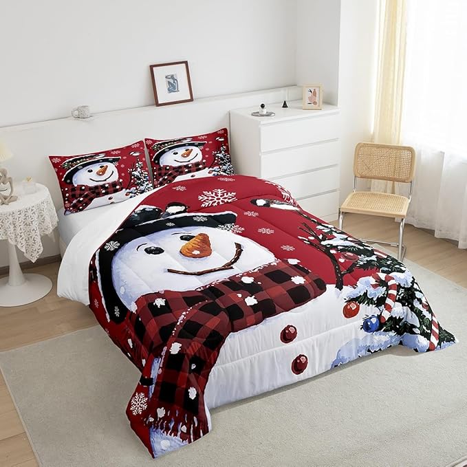 Feelyou Kids Christmas Theme Decorations Bedding Set Xmas Snowman Comforter Set for Boys Girls Snowflake Kawaii Cute Comforter Red Quilt Set Bedroom Collection Toddler Size