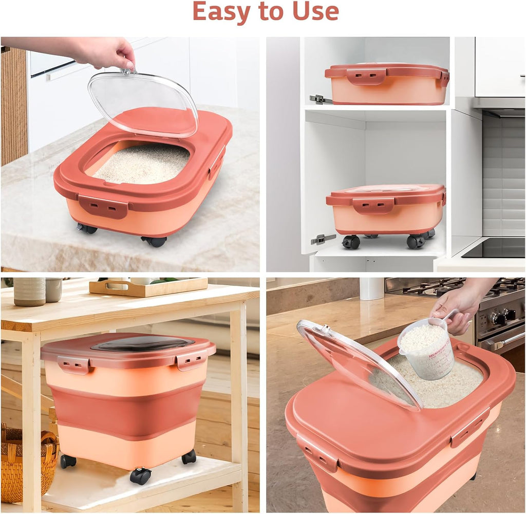 Rice Storage Containers, Collapsible 20 to 30Lbs Food Storage Bin Dispenser with Rolling Wheel and Clear Airtight Lid, BPA Free Flour, Sugar, Cereal and Dog Cat Pet food Containers