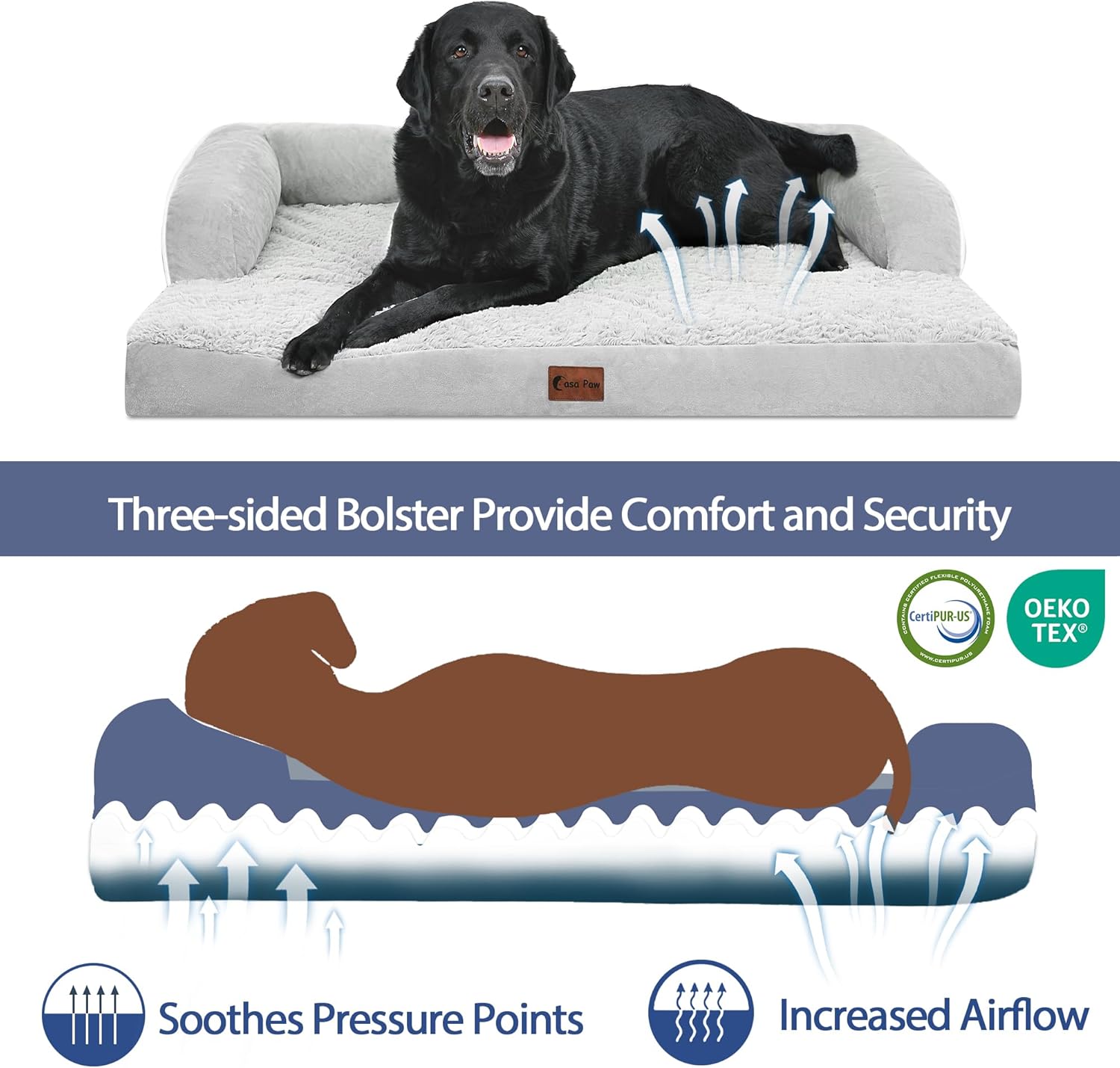 XXL Dog Bed with Bolsters, Orthopedic Dog Bed for Extra Large Dogs, Waterproof Pet Couch Beds XLarge, Big Pet Sofa with Removable Washable Cover, Nonskid Bottom (XX-Large,Grey White)