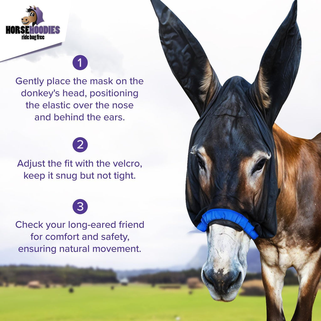 Donkey Fly Mask with Long Ears (Black) Half Hoodie for Standard Donkey, Made in USA - Mule Fly Mask with Ears Protection from Insects and Bugs, Face Cover Soft Mesh Fabric with Adjustable Fastener