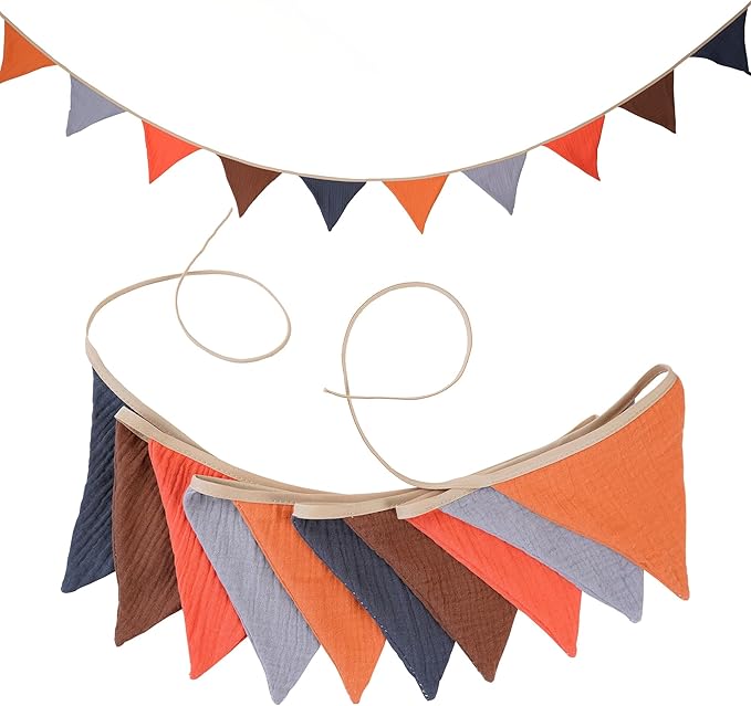 Fabric Bunting Banner, 2 Pack Handmade Neutral String Banner Each 8.5 ft 10 Flags Nursery Wall Hanging Wedding Birthday Home Baby Shower Party Decoration Bunting (Orange Grey)
