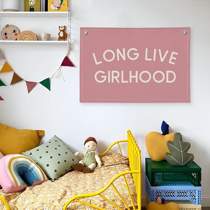 Long Live Girlhood Pink Linen Canvas Wall Banner, Girls Nursery Decor, Toddler Room Wall Hanging, Inspirational Canvas Art, Playroom Sign, Baby Girl Gift Idea 20x30 Inch