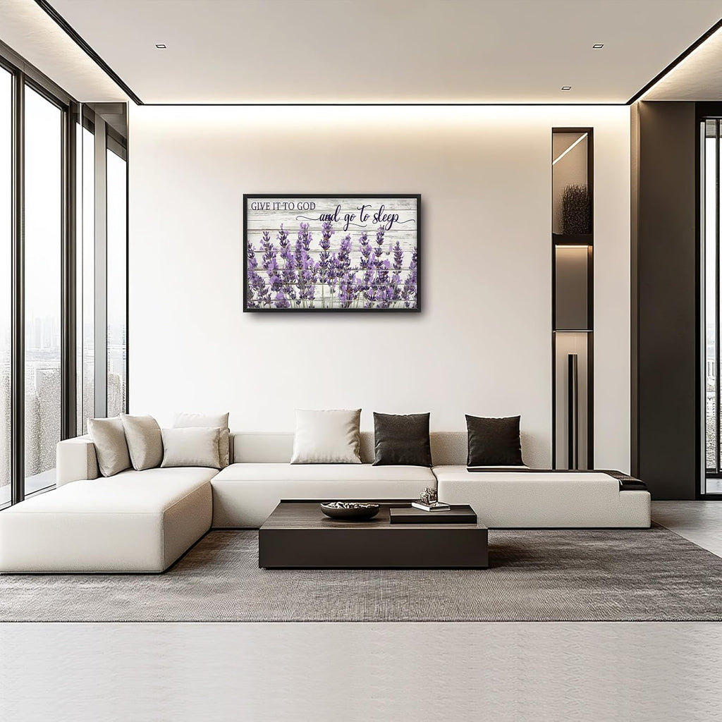 Large Lavender Wall Art for Living Room, Framed Oversized Rustic Floral Wall Decor Christian Give It To God Canvas Painting Modern Artwork for Living Room Bathroom Bedroom Office Dining Room 36"x24"