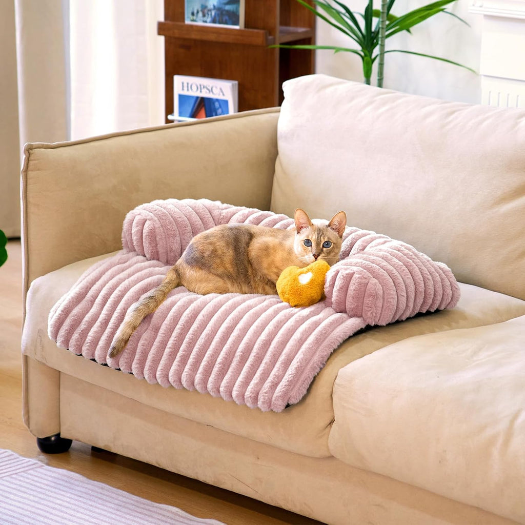 FUNNY FUZZY Pet Couch Cover for Sofa, Calming Dog Bed for Couch, Fluffy Plush Cat Bed Mat for Furniture Protector for Small Dogs and Kitten, 27×24 in, Pink