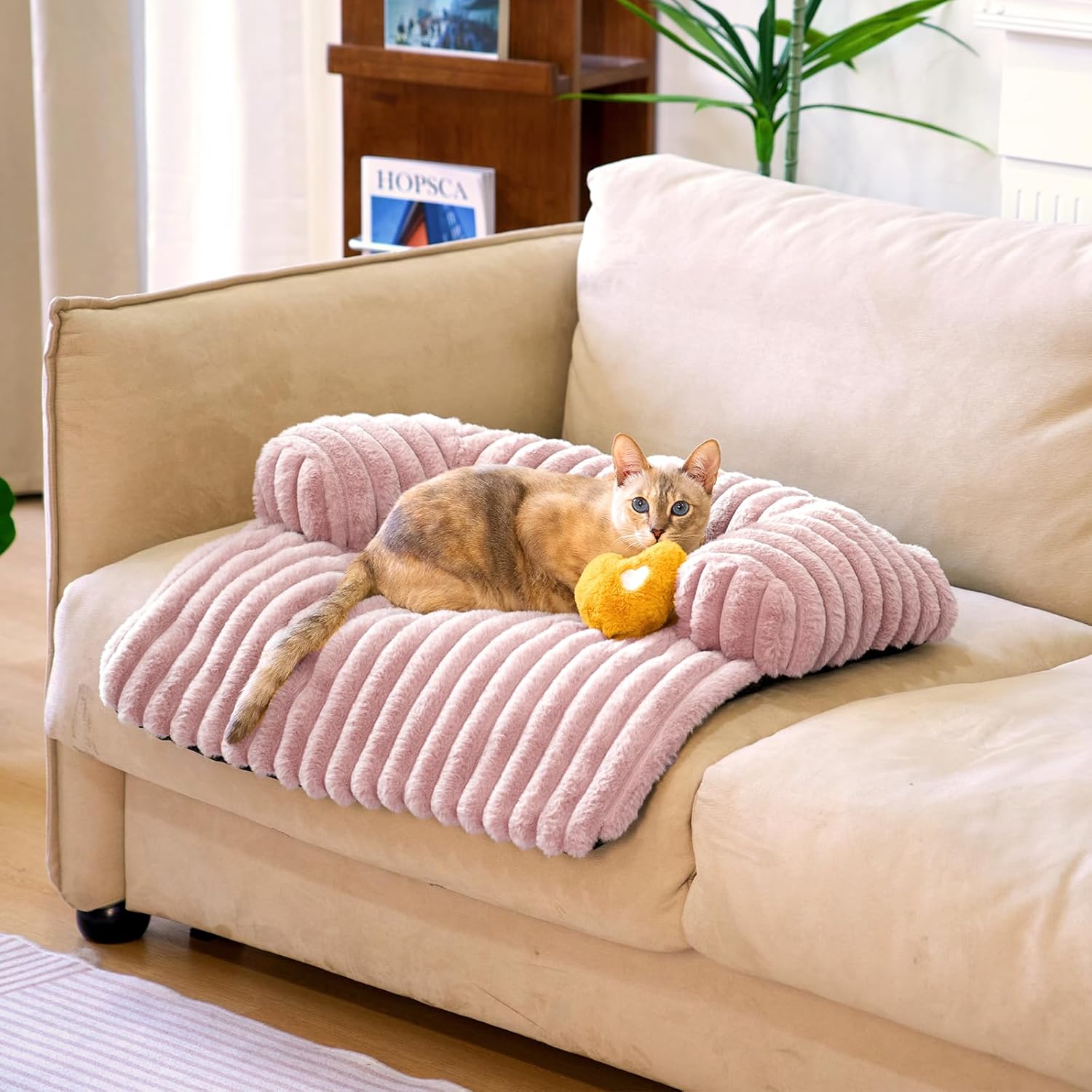FUNNY FUZZY Pet Couch Cover for Sofa, Calming Dog Bed for Couch, Fluffy Plush Cat Bed Mat for Furniture Protector for Small Dogs and Kitten, 27×24 in, Pink