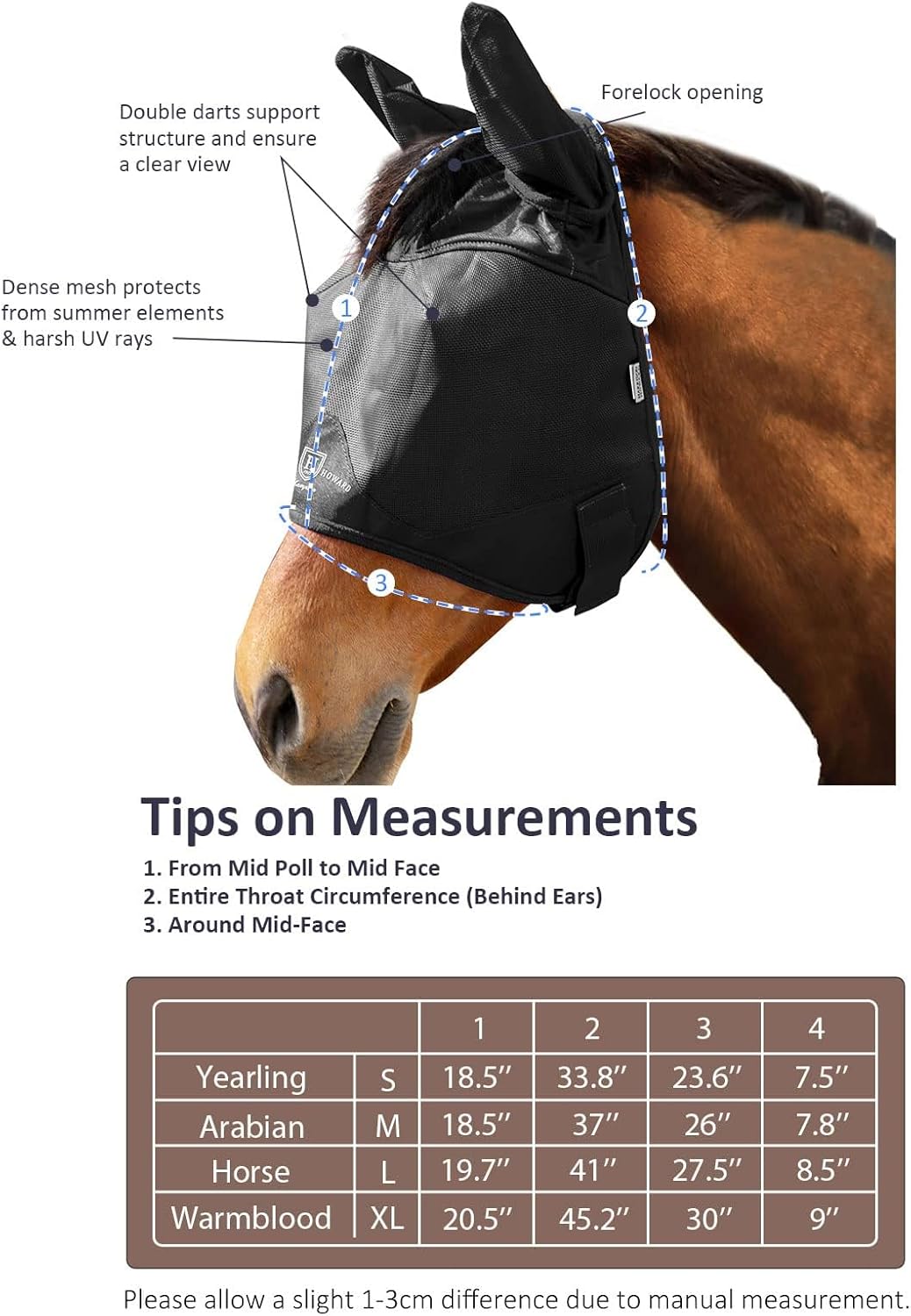 Harrison Howard UV-proof Multi-Function Fabrics Thick Fleece Padding Horse Fly Mask Half Face with Ears Black Arabian Medium