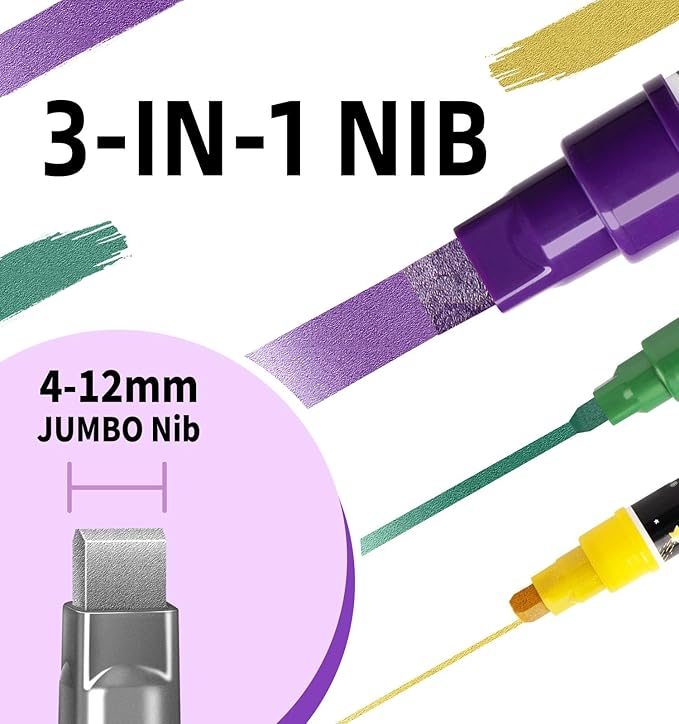 Liquid Chalk Markers for Blackboard, 12 Vibrant Color Dry Erase Marker Pens with 10mm 3 in 1 Wide Reversible Tip, Washable Chalkboard Markers Car Window Paint Pens for Christmas Glass Decor for Kids