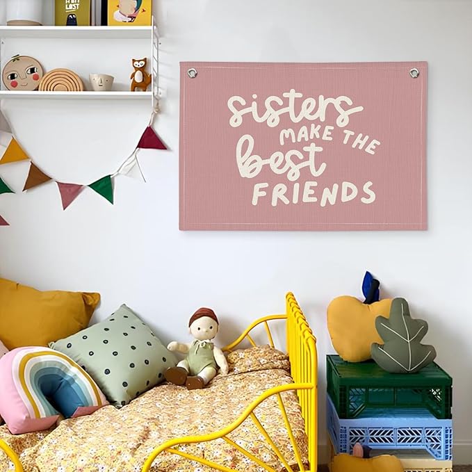 Best Friends Nursery Decor - Sister Pink Linen Banner Wall Hanging for Baby Girl Shower Gift, Toddler Bedroom & Girls Playroom 20x30 Inch