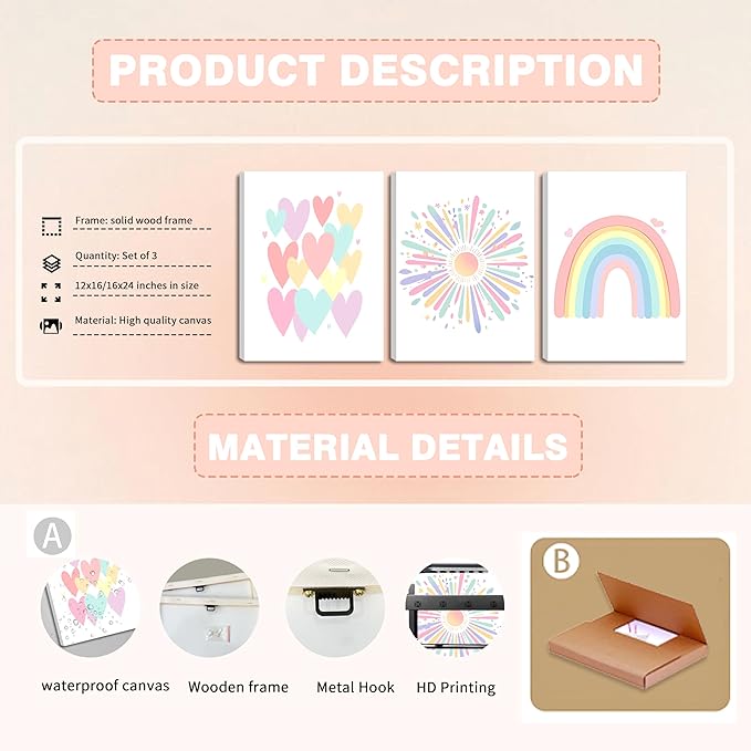 Framed Girls Rainbow Canvas Wall Art Set of 3, Colorful Boho Sun Nursery Wall Decor Painting, Kids Heart Picture Posters Prints for Classroom Kids Room Baby Room Bedroom Dorm Decor 12x16 In