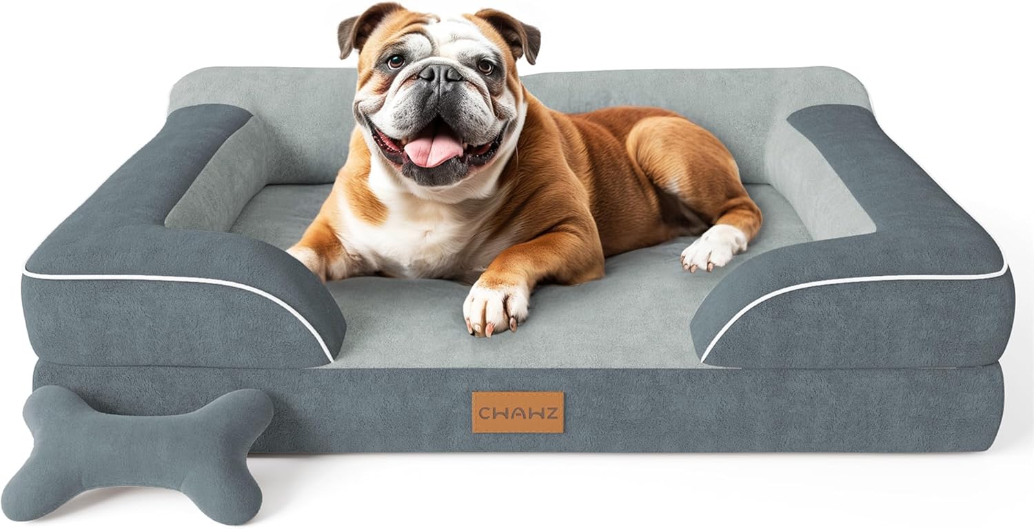 Dog Beds for Large Dogs, Orthopedic Dog Bed with Cooling Gel Memory Foam, Waterproof Large Pet Bed with Removable Washable Cover, 36" Pet Sofa Couch Dutch Velvet with Bone Toy, Dark Gray