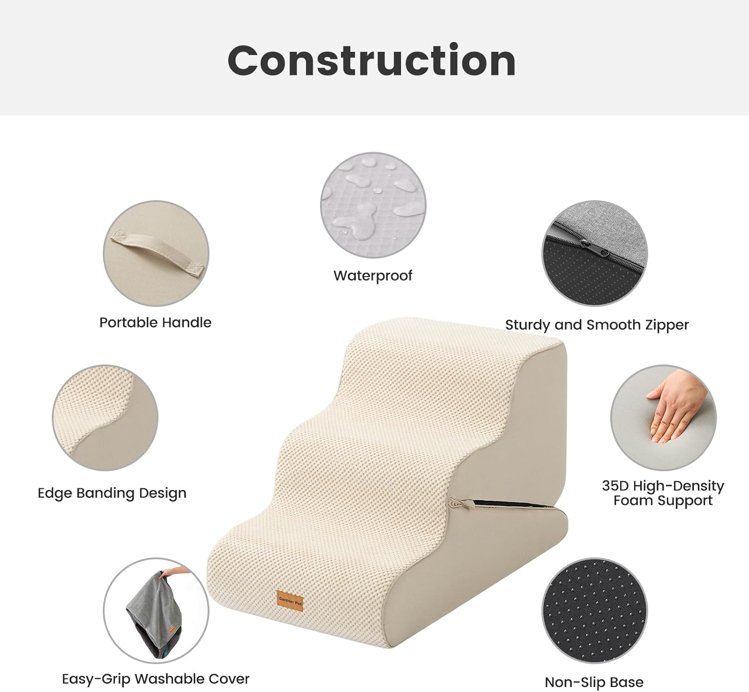 Gardner Pet Dog Stairs for Small Dogs 16.5" H, 2 in 1 Transformable 3-Step Pet Stairs and Dog Ramp for Couch (13-20 in), Beige Adjustable Pet Steps with Non-Slip Waterproof Cover and CertiPUR-US Foam
