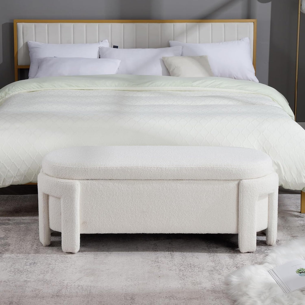 Modern Upholstered Storage Bench, Boucle Sherpa Fabric 50" Long Entryway Bench with Storage and Seating, Comfy Cute Ottoman Bench for Living Room/End of Bed/Hallway, White